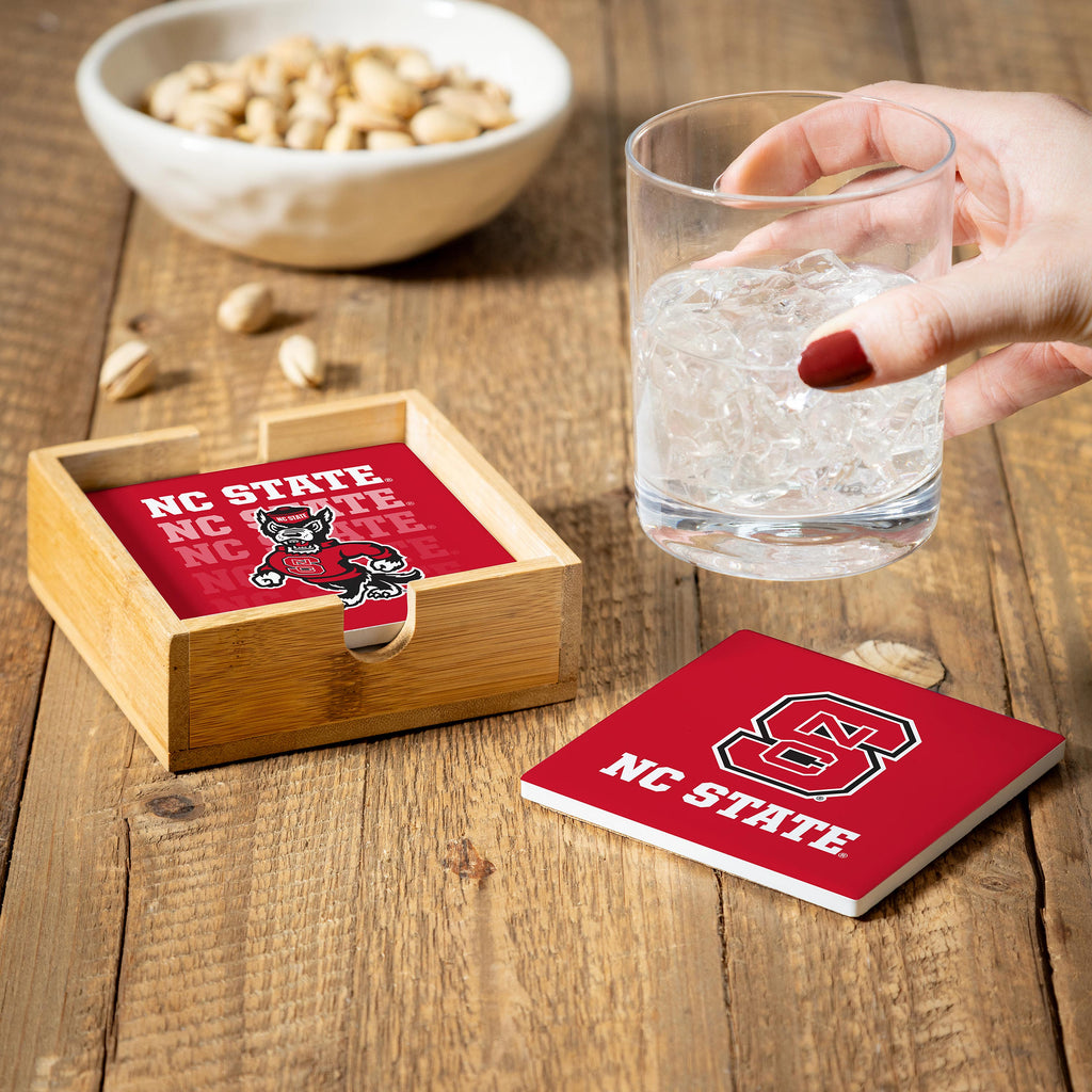 North Carolina State Wolfpack Coaster Set 4 Piece with Wood Caddy - Evergreen Enterprises