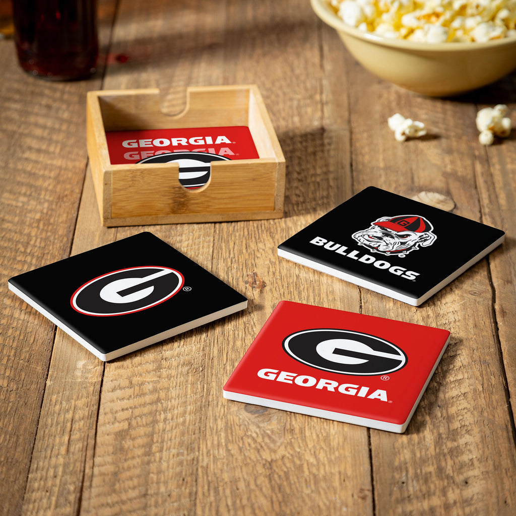 Georgia Bulldogs Coaster Set 4 Piece with Wood Caddy - Evergreen Enterprises