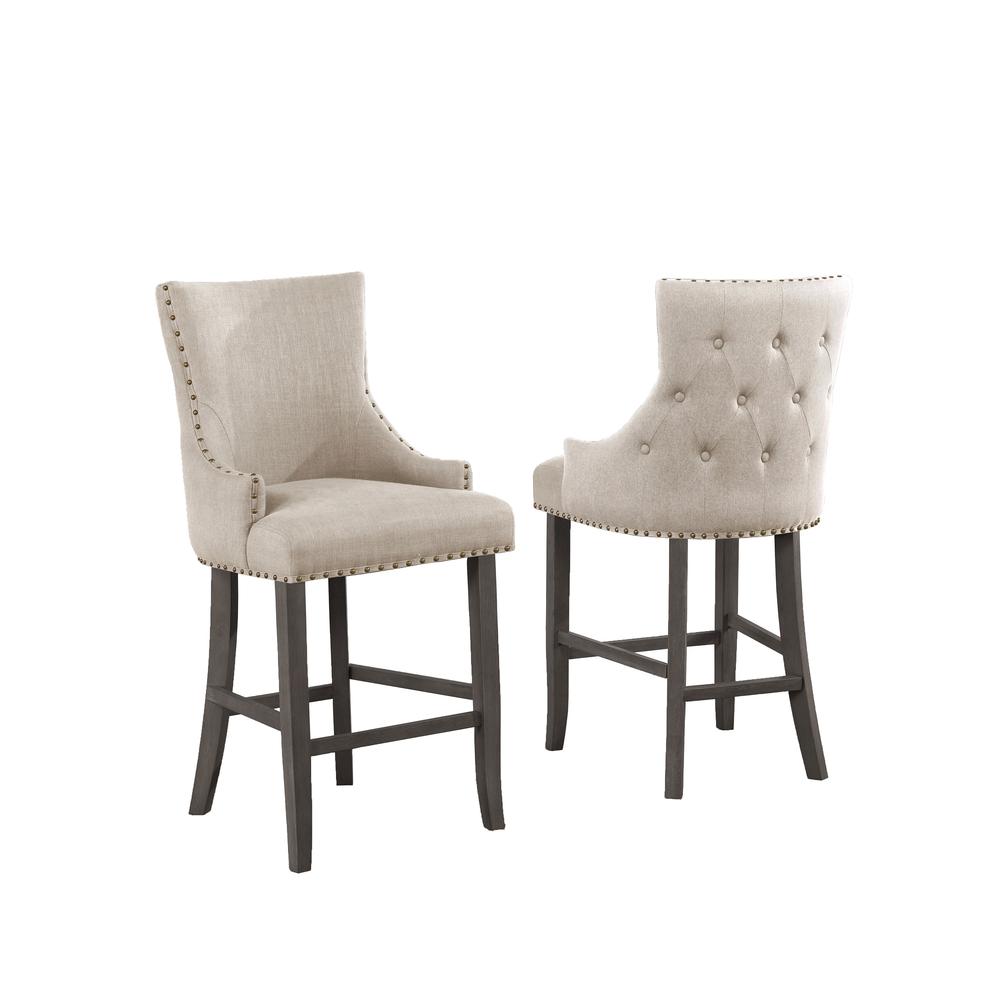 24'' Tufted Linen Bar Stools in Beige (Set of 2), Beige - Best Quality Furniture