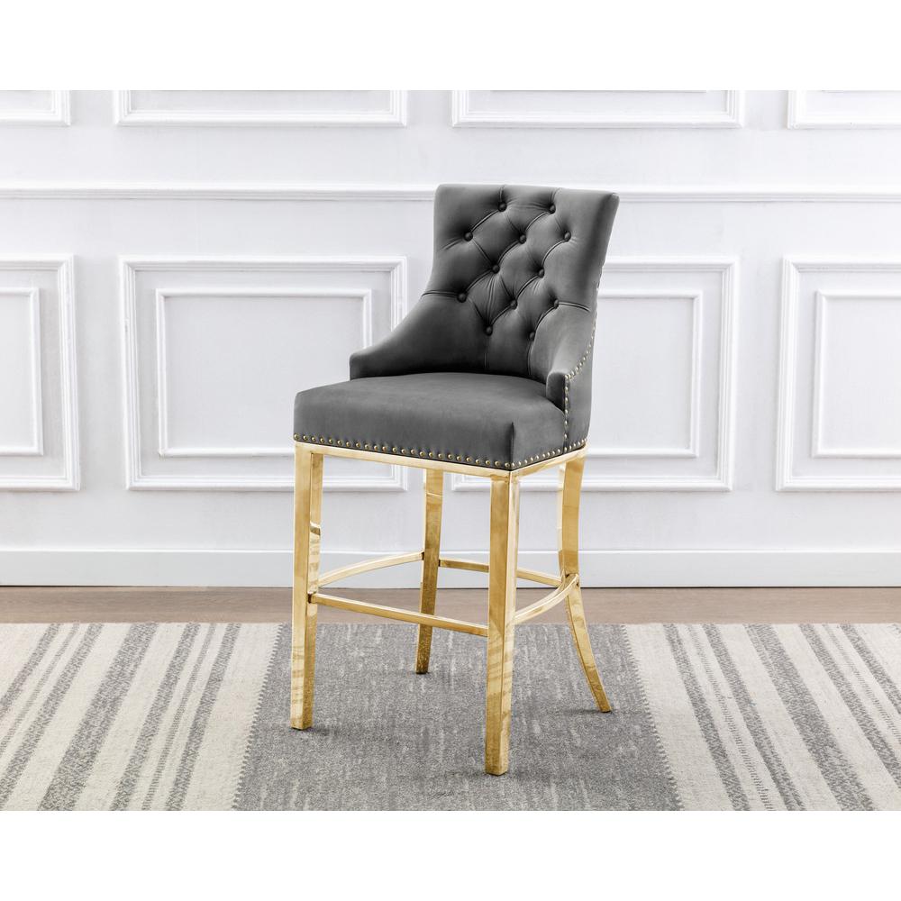 29'' Dark grey velvet barstool with a gold color base (SET OF 2) - Best Quality Furniture