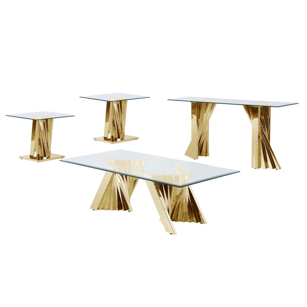 Glass Coffee Table Sets: Coffee Table, 2 End Tables and Console Table with Stainless Steel Gold Base - Best Quality Furniture