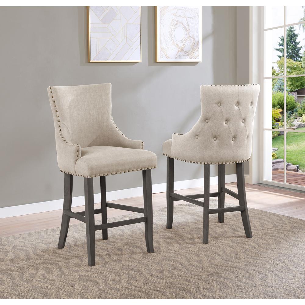 24'' Tufted Linen Bar Stools in Beige (Set of 2), Beige - Best Quality Furniture