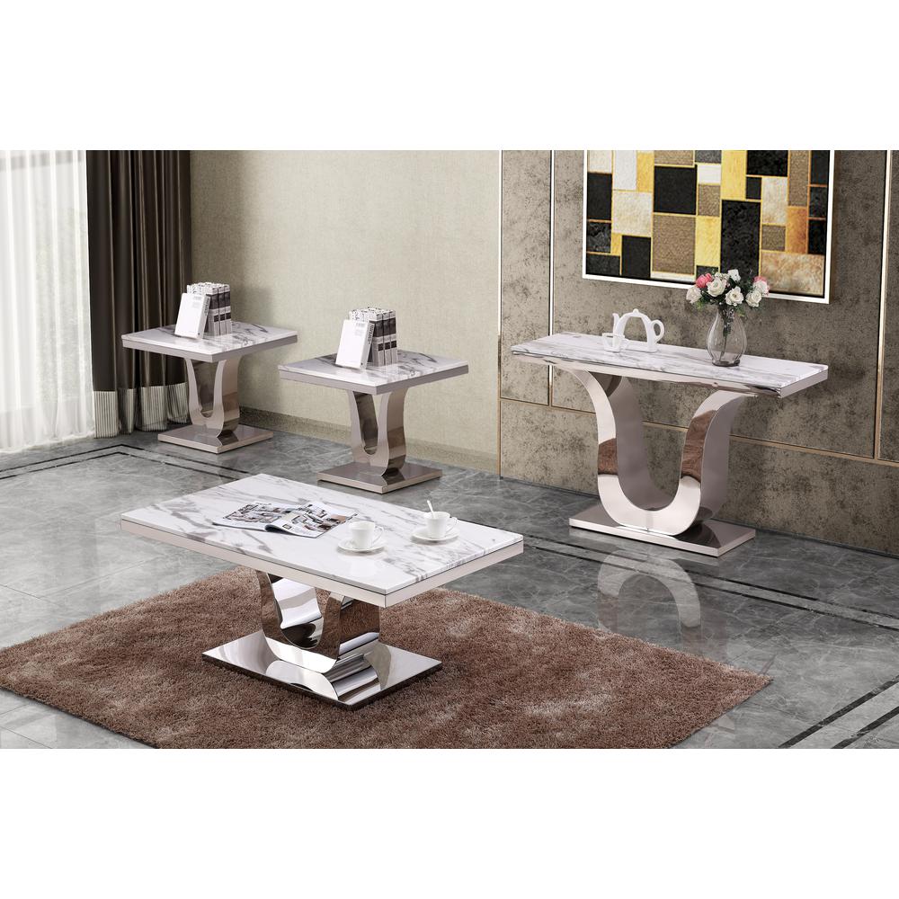 White Marble Coffee Table Set: Coffee Table, 2 End Tables, Console Table w/Stainless Steel U-Base - Best Quality Furniture