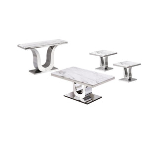 White Marble Coffee Table Set: Coffee Table, 2 End Tables, Console Table w/Stainless Steel U-Base - Best Quality Furniture