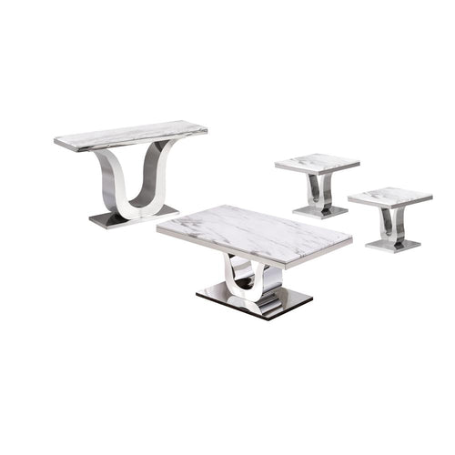 White Marble Coffee Table Set: Coffee Table, 2 End Tables, Console Table w/Stainless Steel U-Base - Best Quality Furniture