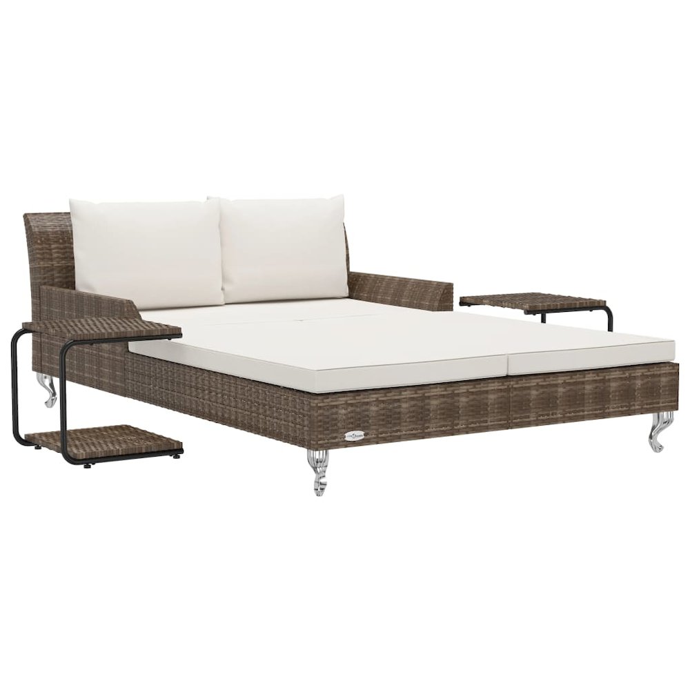 Sun Lounger Brown and Cream Poly Rattan, Powder-Coated Steel, Fabric - vidaXL