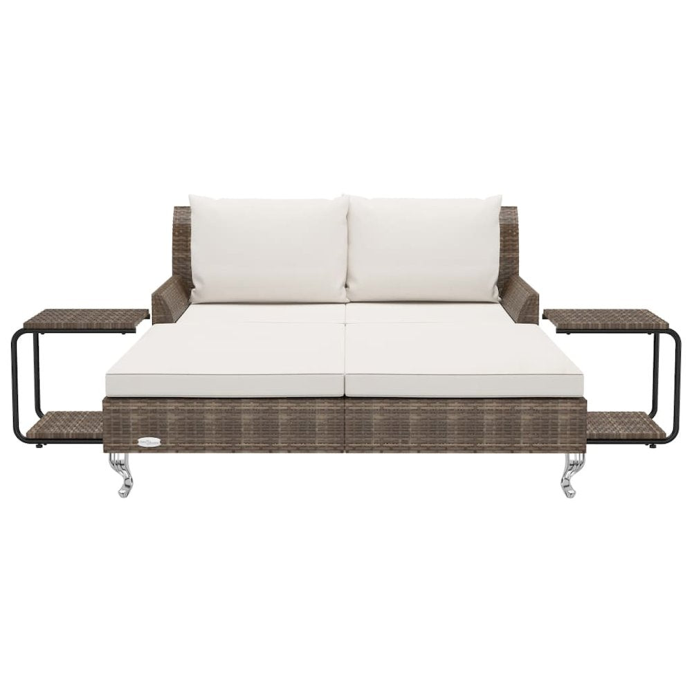 Sun Lounger Brown and Cream Poly Rattan, Powder-Coated Steel, Fabric - vidaXL