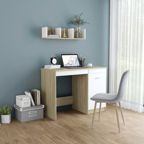 Desk White and Sonoma Oak Engineered Wood Medium Computer Desk - vidaXL