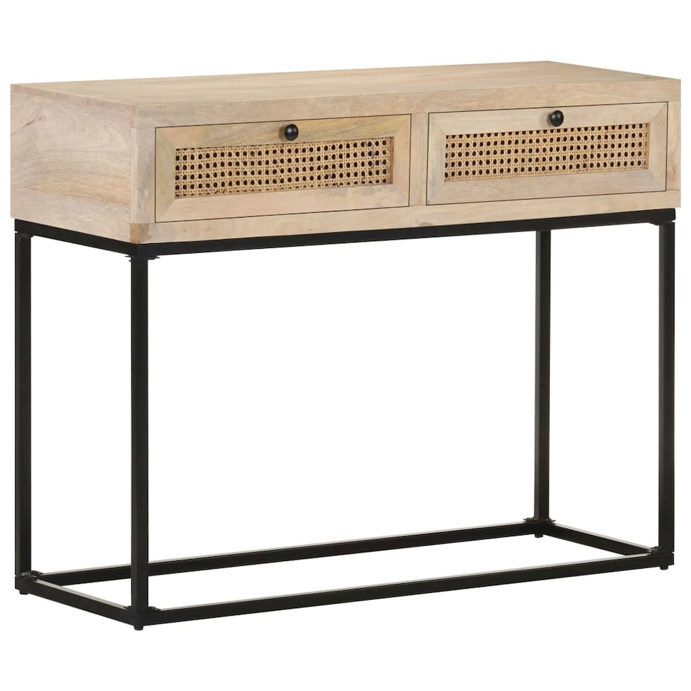 Console Table Bleached wood, natural cane, black steel - vidaXL