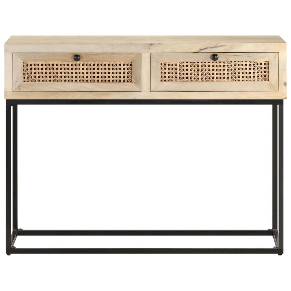 Console Table Bleached wood, natural cane, black steel - vidaXL