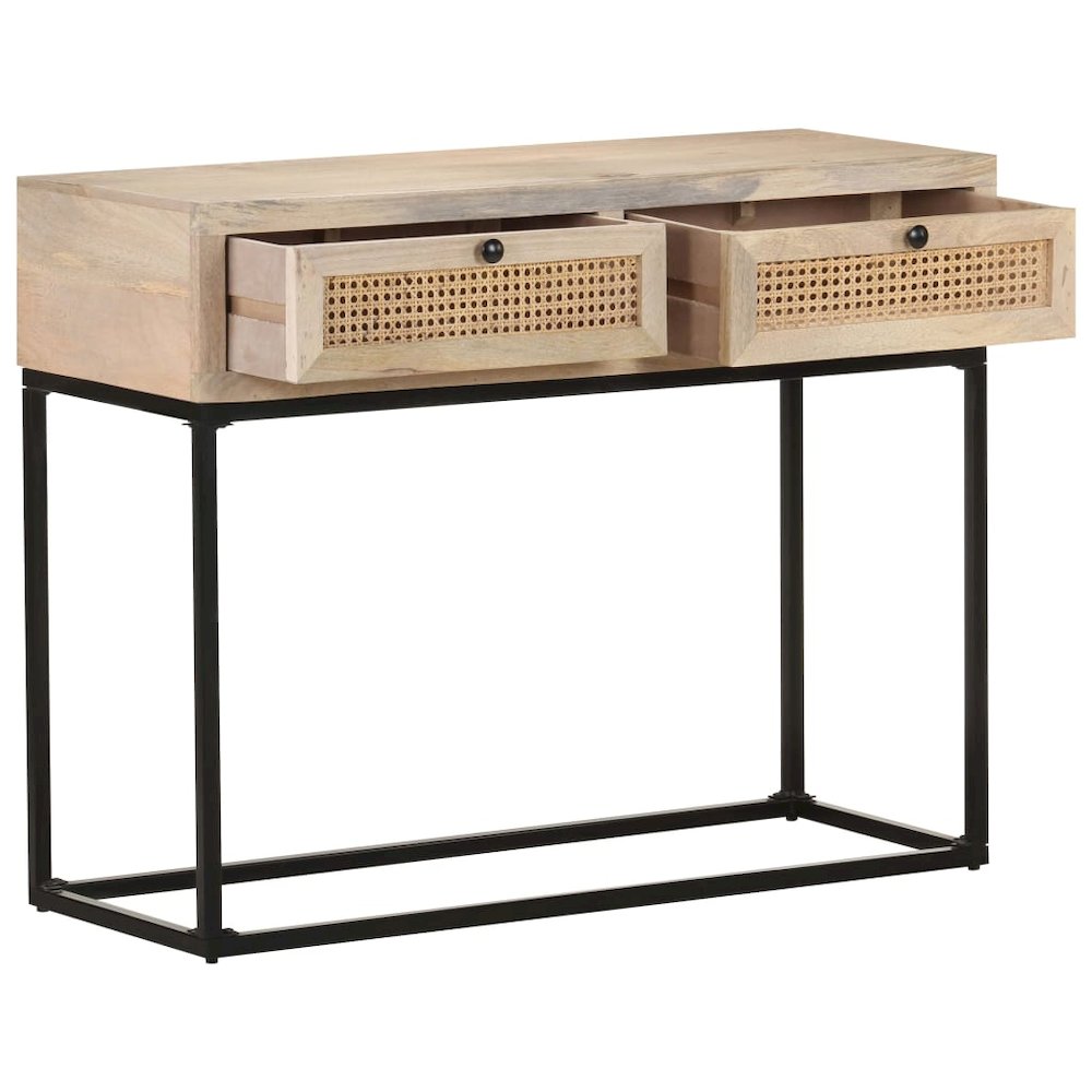 Console Table Bleached wood, natural cane, black steel - vidaXL