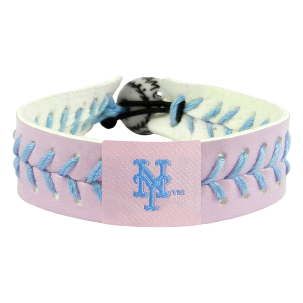 New York Mets Bracelet Team Color Baseball Pink Leather Powder Blue Thread CO - Gamewear