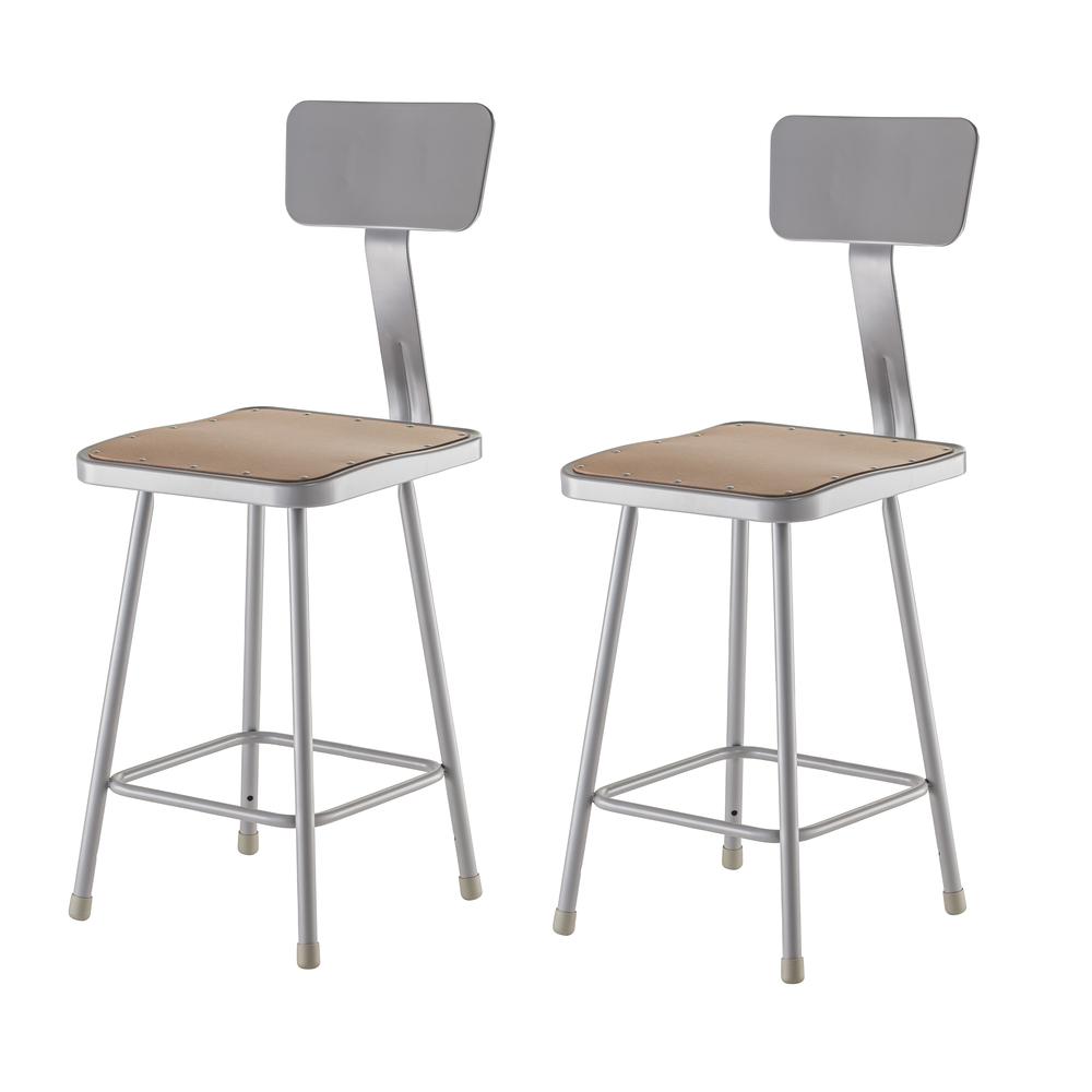 (2 Pack) NPS® 24'' Heavy Duty Square Seat Steel Stool With Backrest, Grey - National Public Seating