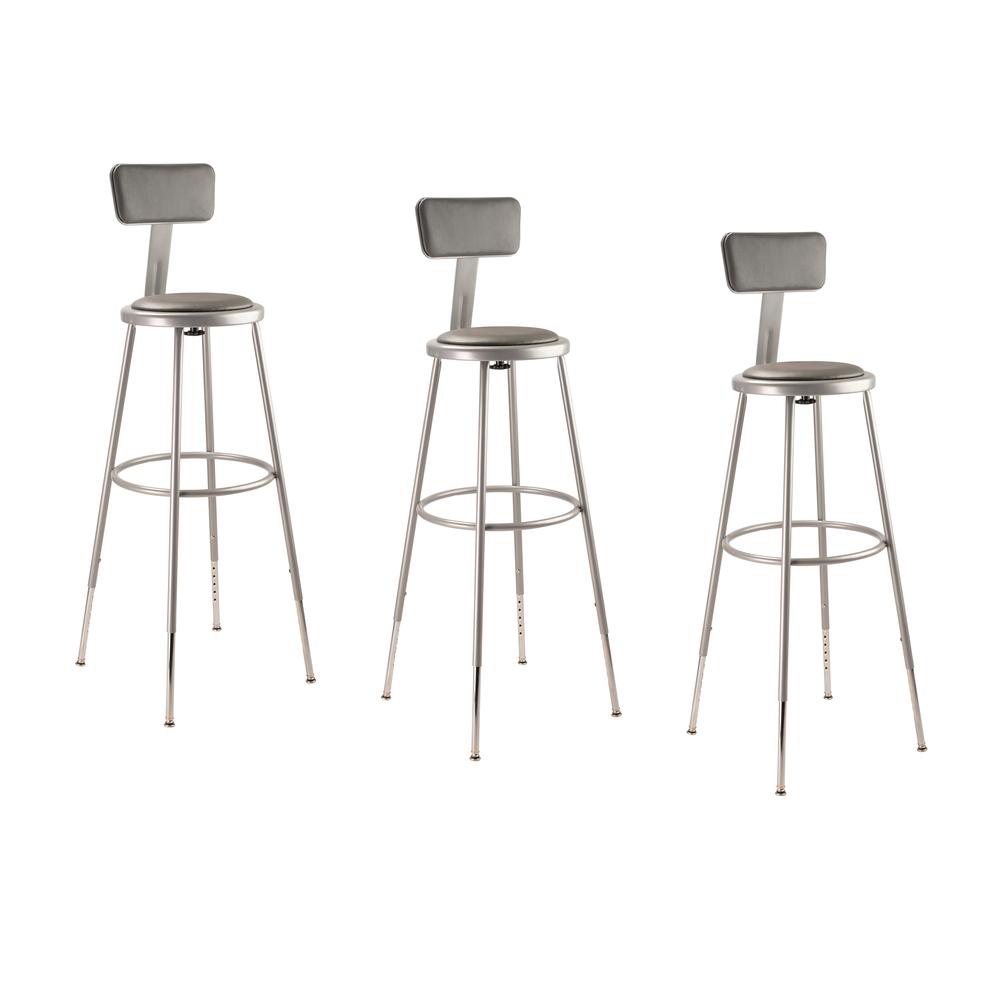 (3 Pack) NPS® 32''-39'' Height Adjustable Heavy Duty Vinyl Padded Steel Stool With Backrest, Grey - National Public Seating