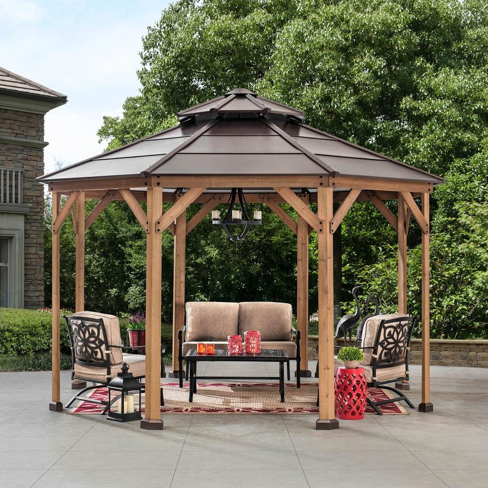 13 ft. x 13 ft. Cedar Framed Octagon Gazebo with Brown Steel 2-tier Hardtop Roof - Sunjoy