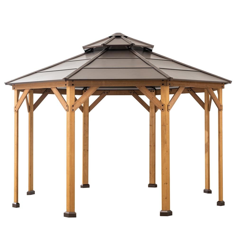 13 ft. x 13 ft. Cedar Framed Octagon Gazebo with Brown Steel 2-tier Hardtop Roof - Sunjoy