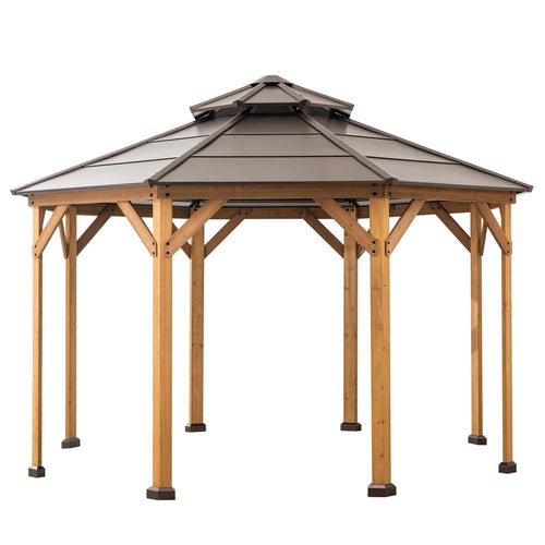 13 ft. x 13 ft. Cedar Framed Octagon Gazebo with Brown Steel 2-tier Hardtop Roof - Sunjoy