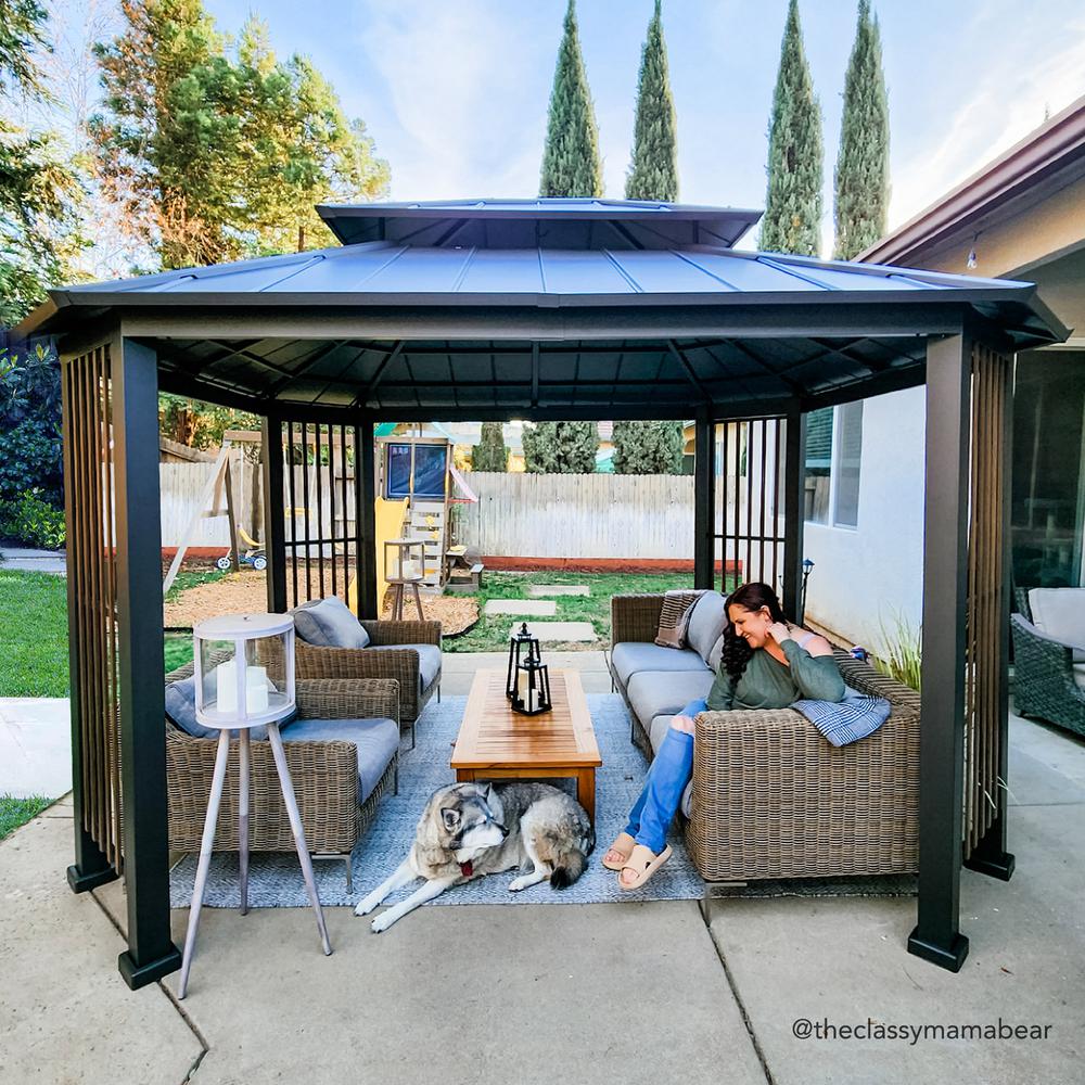 Sunjoy 11 x 13 ft Hardtop Gazebo Outdoor 2-Tier Steel Hardtop Metal Gazebo - Golden Bull Marketing