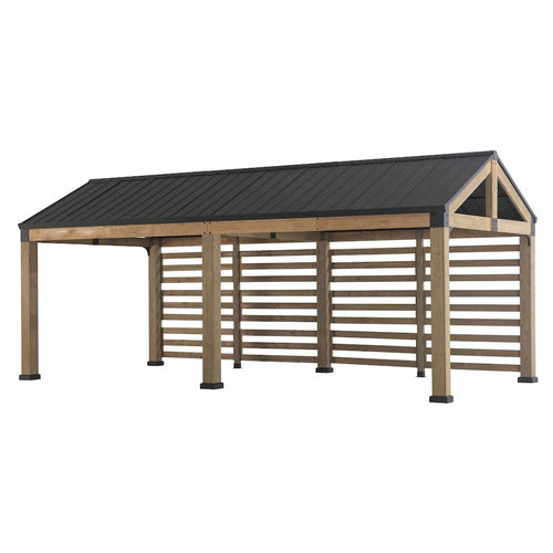 Newville 10.1 ft. x 21.6 ft. FSC Wood Carport with Privacy Wall - Sunjoy