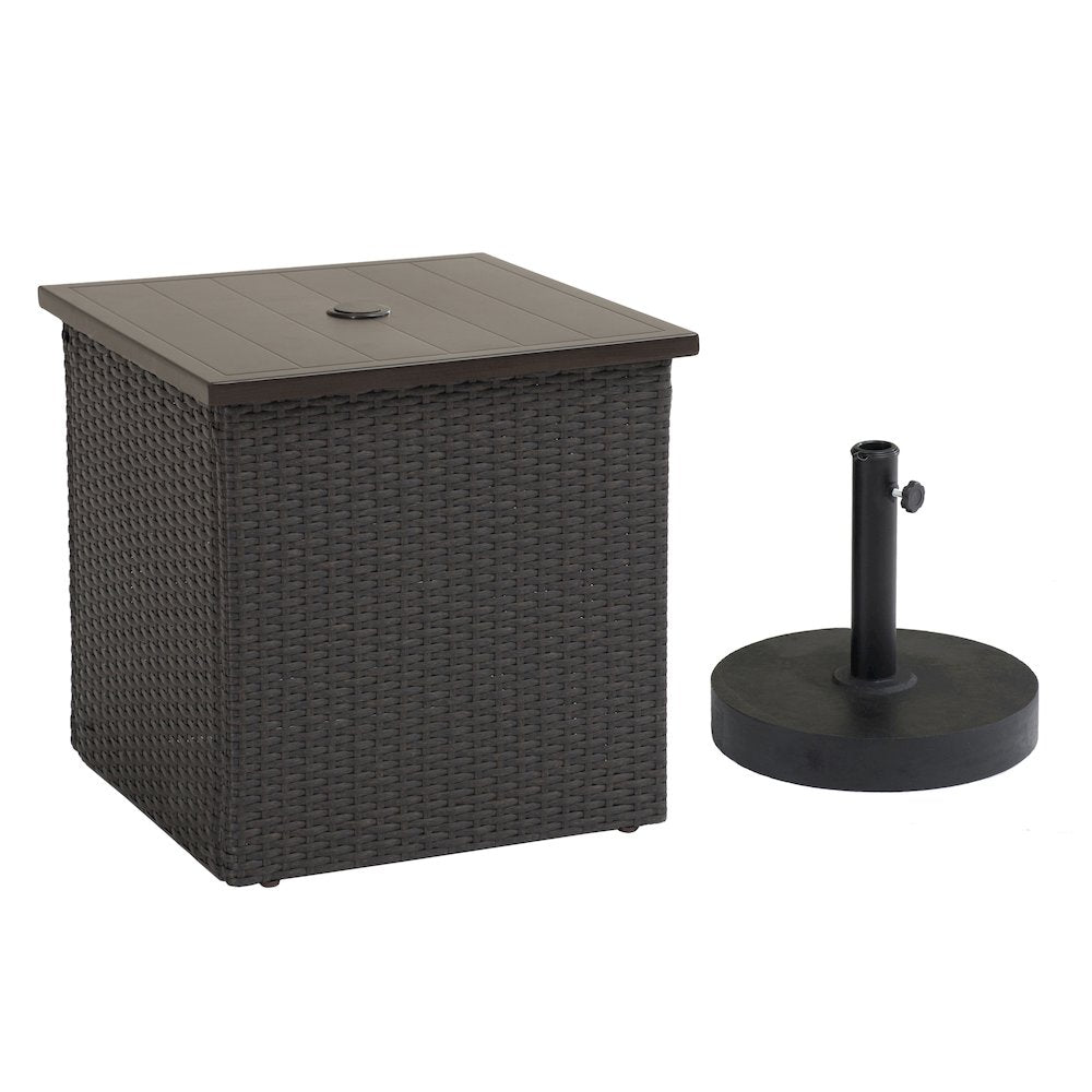 Brown Wicker Side Table with Umbrella Stand for Outdoor Seating - Sunjoy