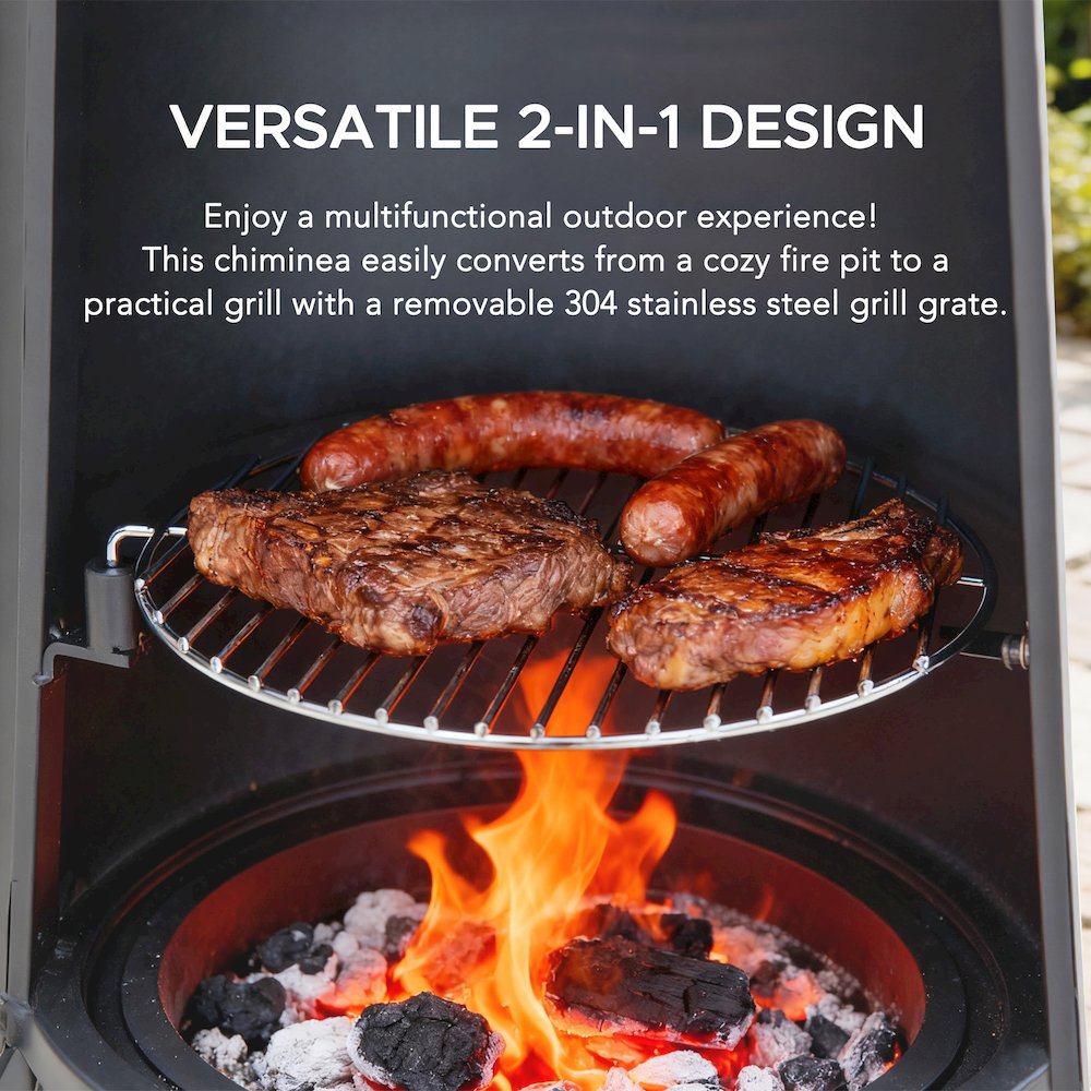 57 in. 2-in-1 Metal Outdoor Chiminea Fire Pit & Fireplace, Removable Grill Grate - Sunjoy