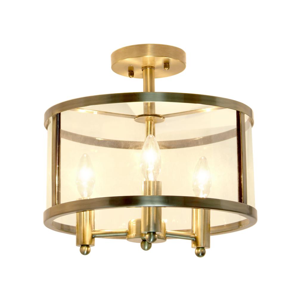 Medium 13'' Iron and Glass Shade Industrial 3-Light Ceiling, Antique Brass - Elegant Designs