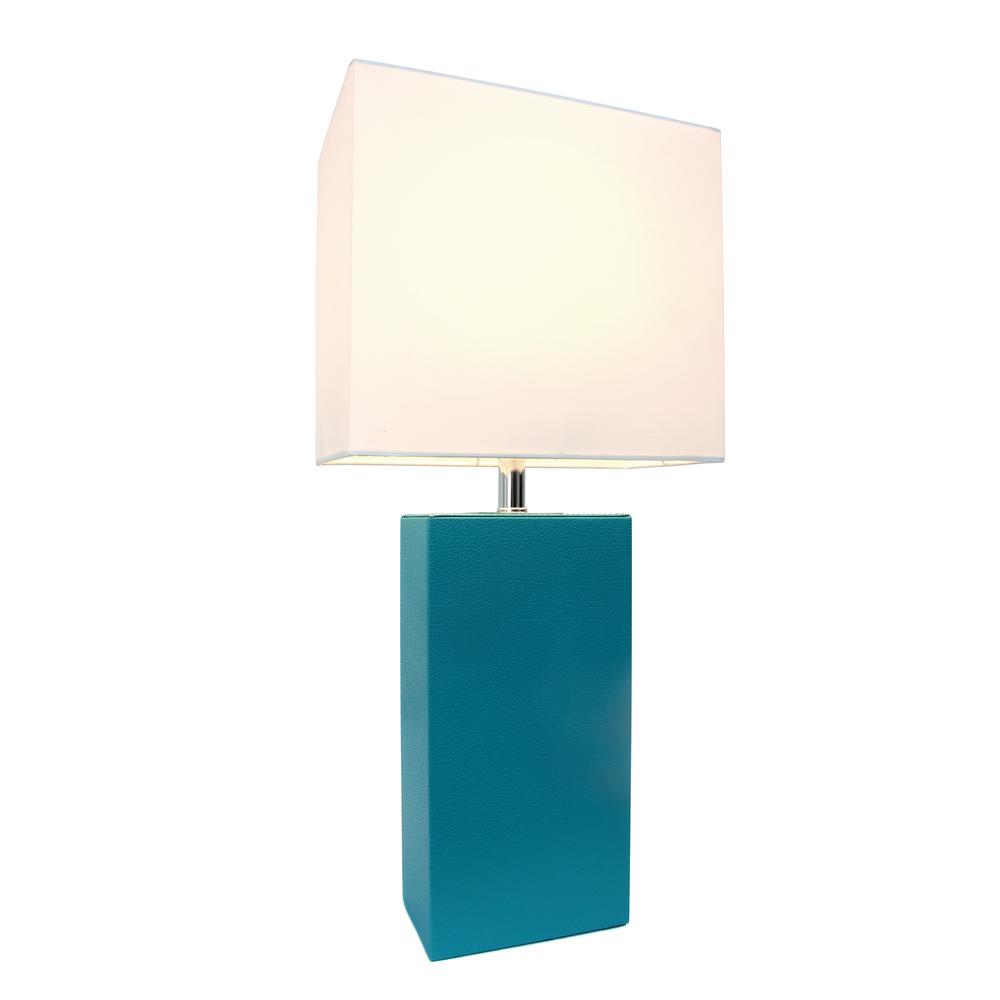 Modern Leather Table Lamp with White Fabric Shade, Teal - Elegant Designs