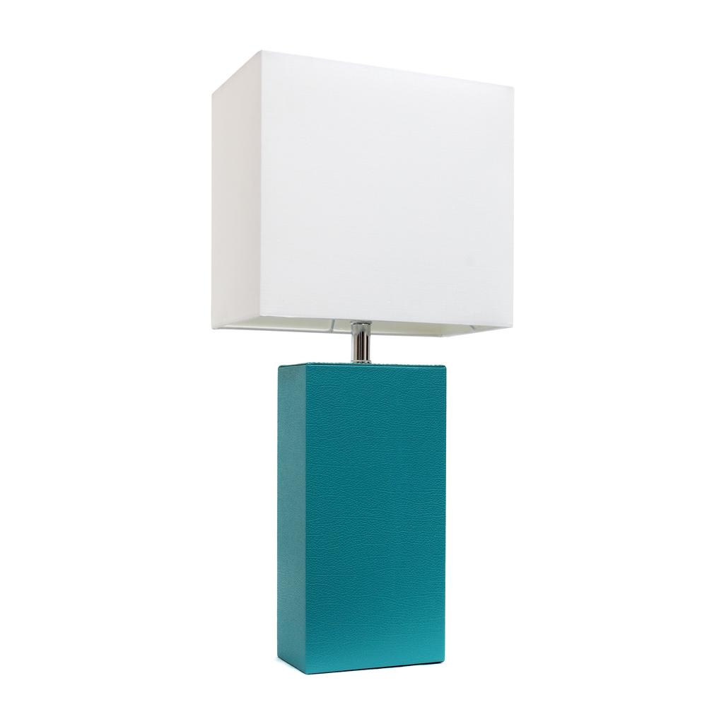 Modern Leather Table Lamp with White Fabric Shade, Teal - Elegant Designs