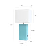 Modern Leather Table Lamp with USB and White Fabric Shade, Aqua - Elegant Designs