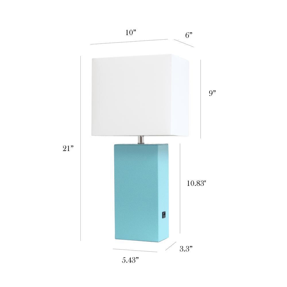 Modern Leather Table Lamp with USB and White Fabric Shade, Aqua - Elegant Designs