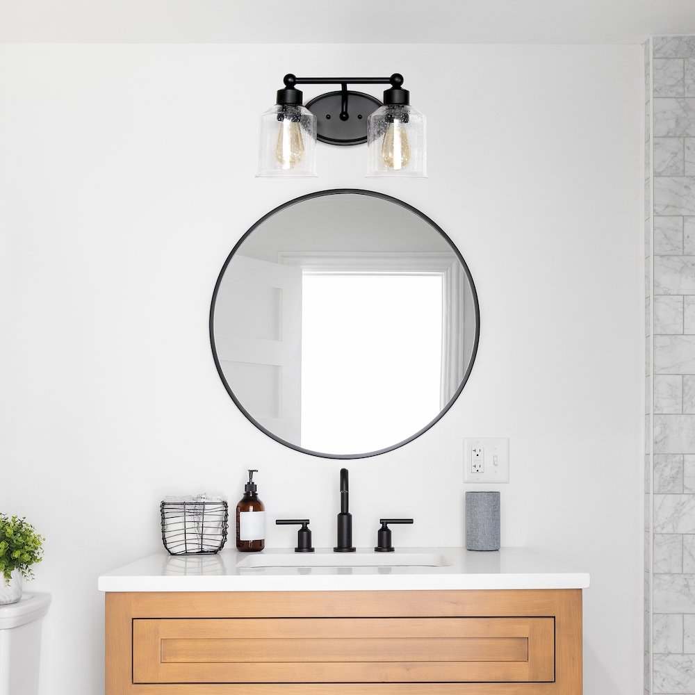 14'' 2 Light Wall Mounted Vanity Fixture with Clear Speckled Glass Shades, Black - Elegant Designs