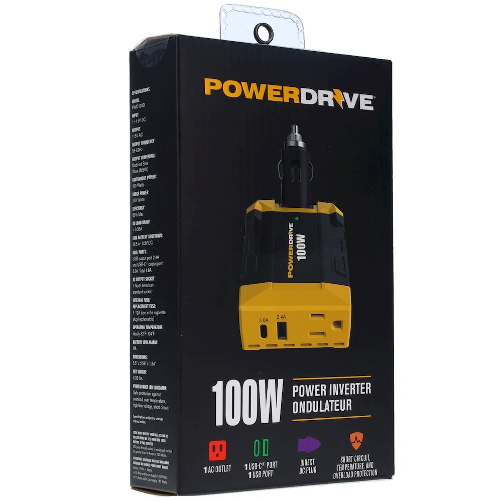 100W Inverter DC 12v to 110v AC Converter Car Plug Adapter with USB PWD100D - PowerDrive