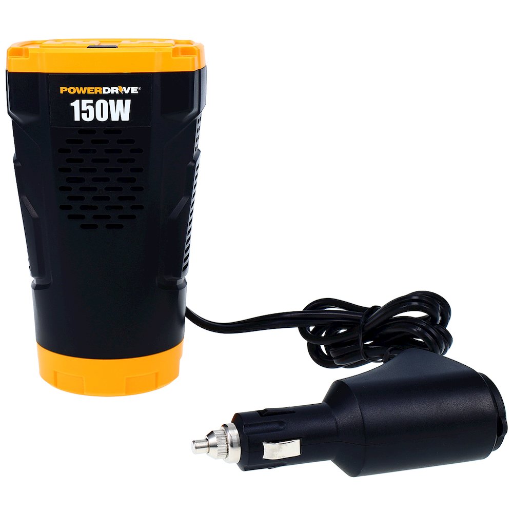 Car Power Inverter 150W Cup Holder 12v DC to 110v AC with 2 Outlets 2 Ports PWD150C - PowerDrive