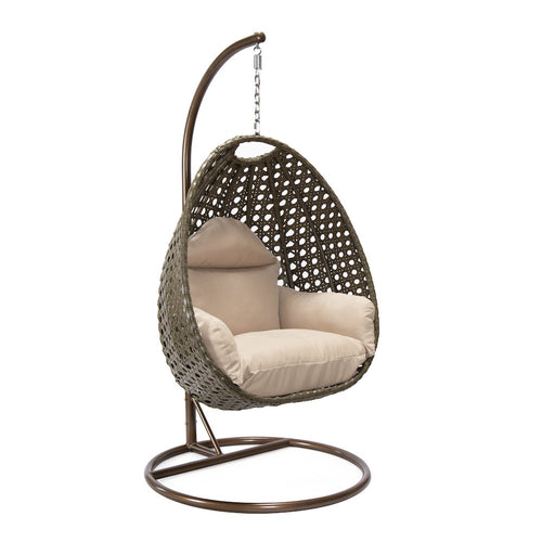 Beige Wicker Hanging Egg Swing Chair - LeisureMod