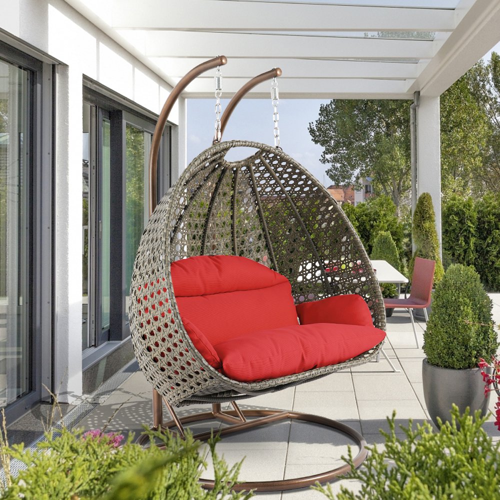 Beige Wicker Hanging 2 person Egg Swing Chair - LeisureMod