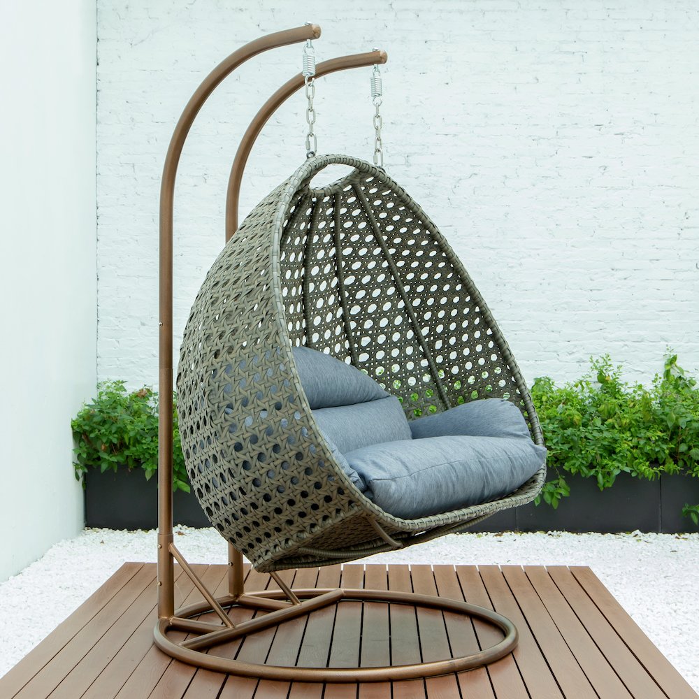 Beige Wicker Hanging 2 person Egg Swing Chair - LeisureMod