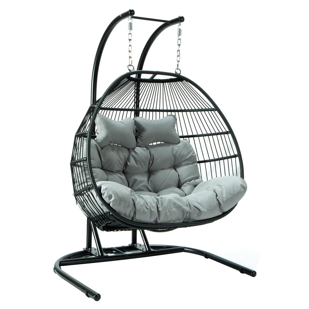 LeisureMod Wicker 2 Person Double Folding Hanging Egg Swing Chair ESCF52LGR