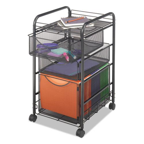 Onyx Mesh Mobile File with Two Supply Drawers, Metal, 1 Shelf, 3 Drawers, 15.75'' x 17'' x 27'', Black - Safco