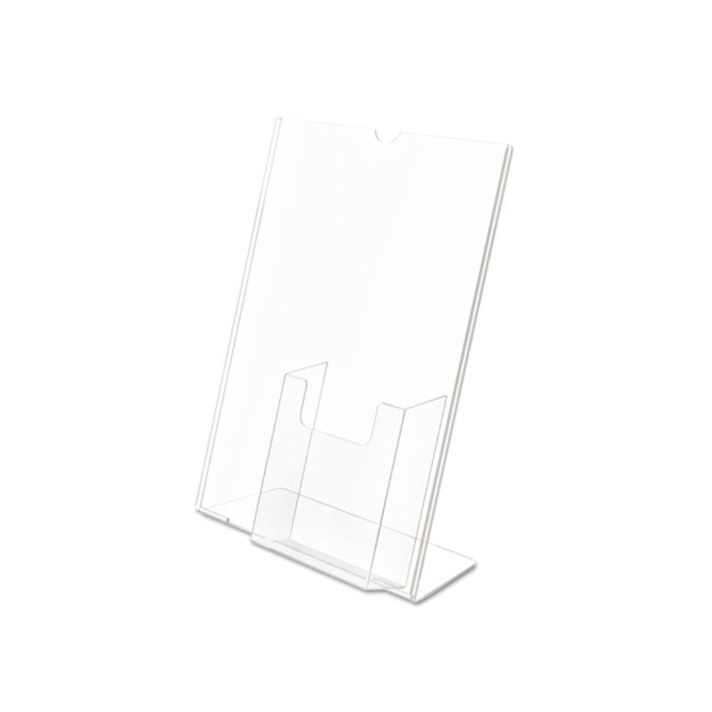 Superior Image Slanted Sign Holder with Front Pocket, 9w x 4.5d x 10.75h, Clear - deflecto
