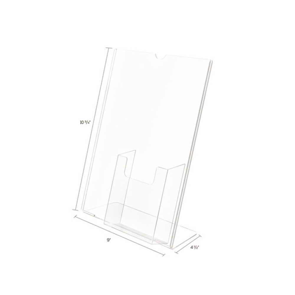 Superior Image Slanted Sign Holder with Front Pocket, 9w x 4.5d x 10.75h, Clear - deflecto