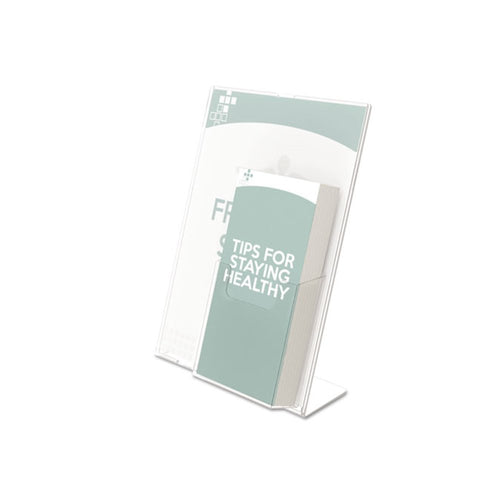 Superior Image Slanted Sign Holder with Front Pocket, 9w x 4.5d x 10.75h, Clear - deflecto