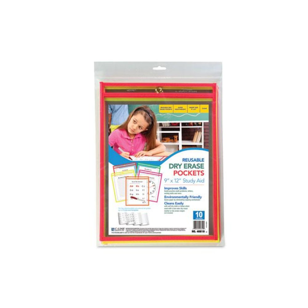 Reusable Dry Erase Pockets, Super Heavy-Duty, Top Load 9 x 12 Insert, Clear Front, Assorted Neon Border, 10/Pack - C-Line
