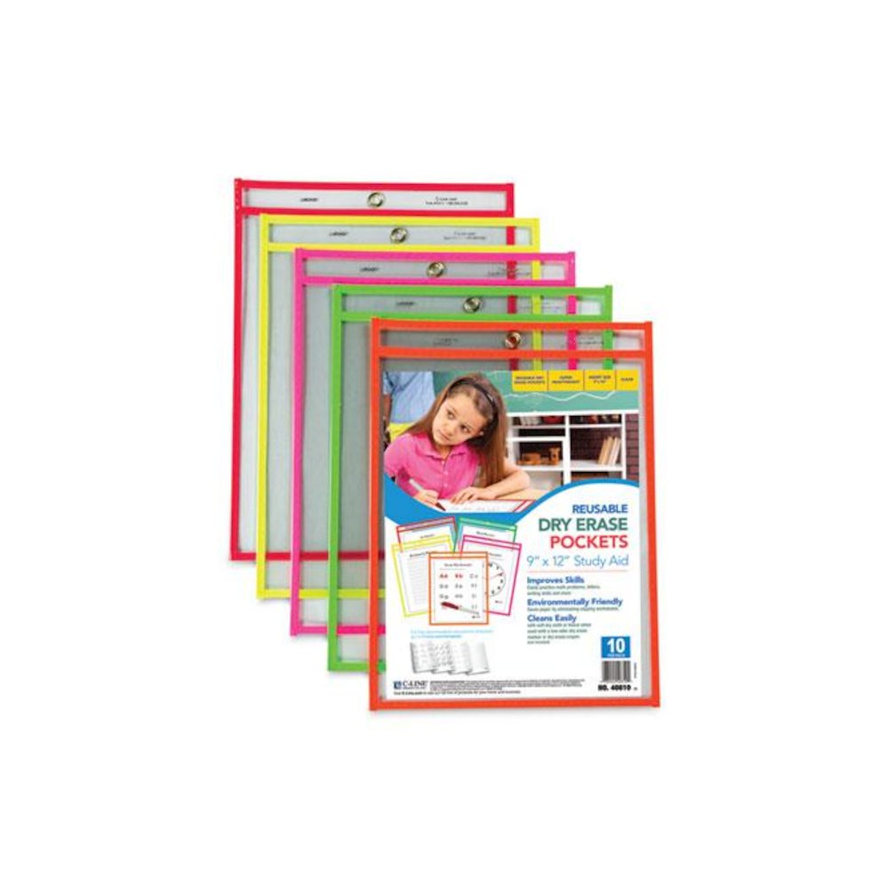 Reusable Dry Erase Pockets, Super Heavy-Duty, Top Load 9 x 12 Insert, Clear Front, Assorted Neon Border, 10/Pack - C-Line