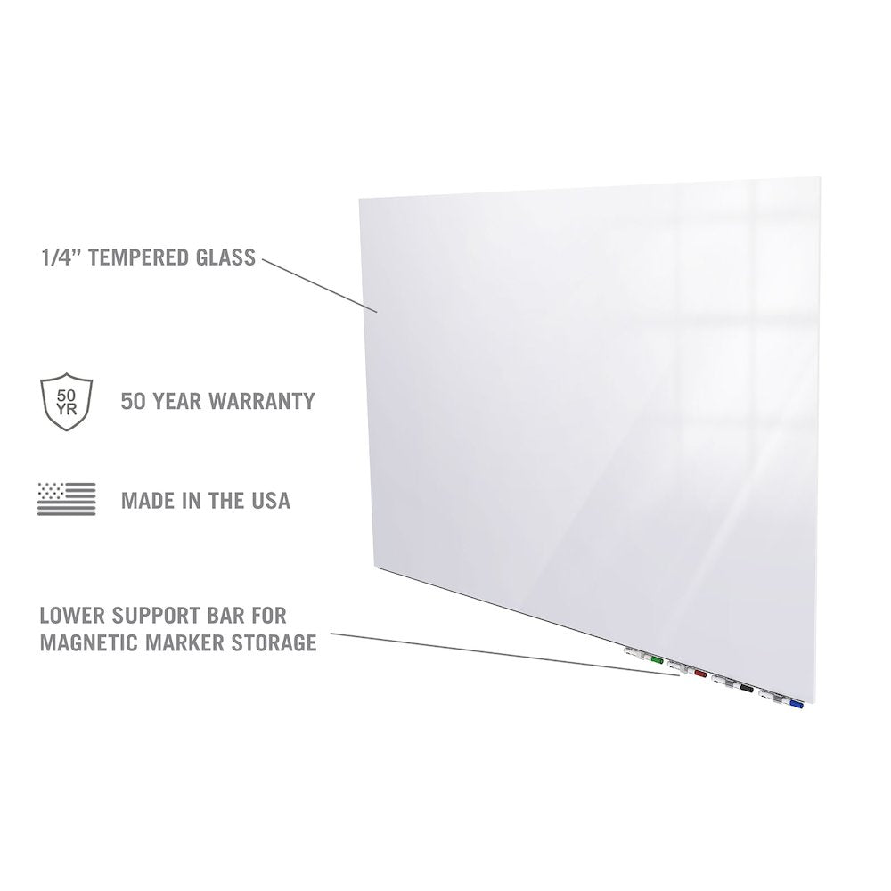 Ghent Aria 4'H x 8'W Magnetic Glass White Board, White Surface, Horizontal, 4 Rare Earth Magnets, 4 Markers and Eraser
