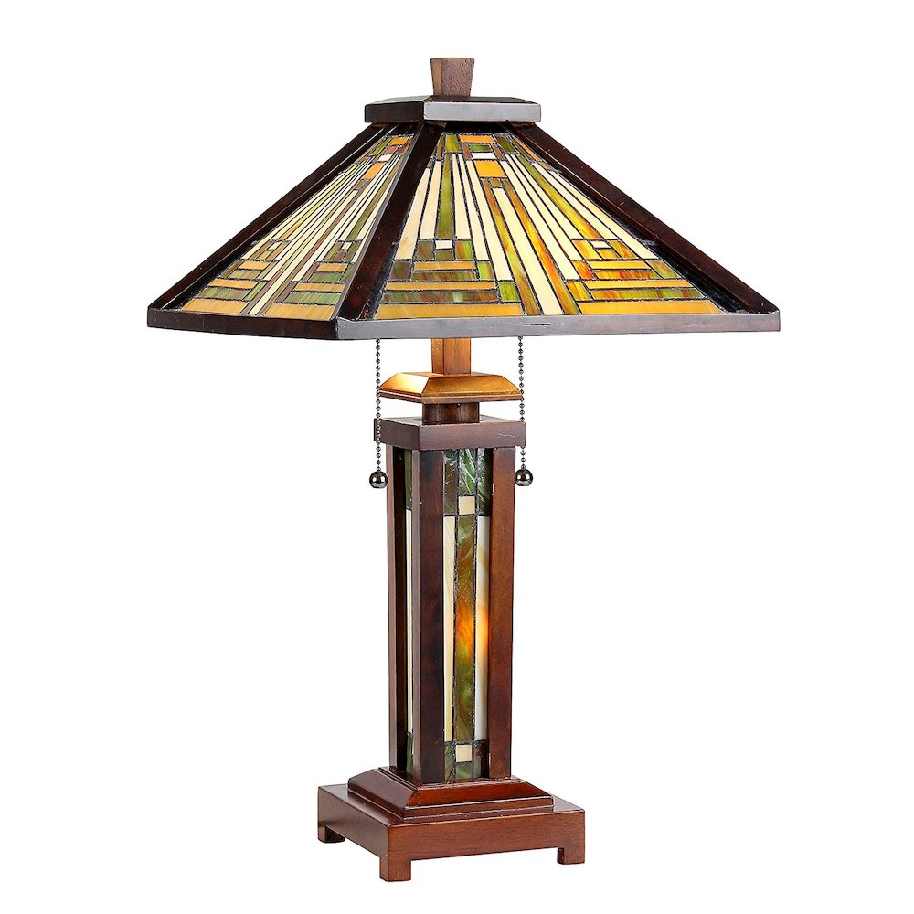 INNES Tiffany-style 3 Light Mission Double Lit Wooden Table Lamp 15'' Shade - CHLOE Lighting