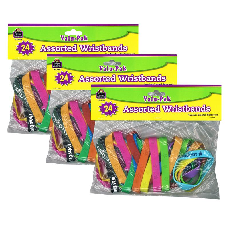 Wristbands Valu-Pak, Assorted, 24 Per Pack, 3 Packs - Teacher Created Resources