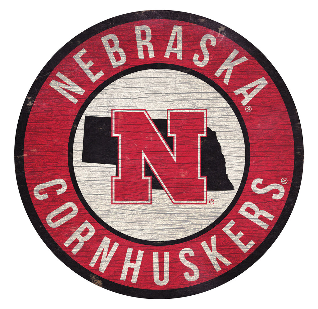 Nebraska Cornhuskers Sign Wood 12 Inch Round State Design - Fan Creations