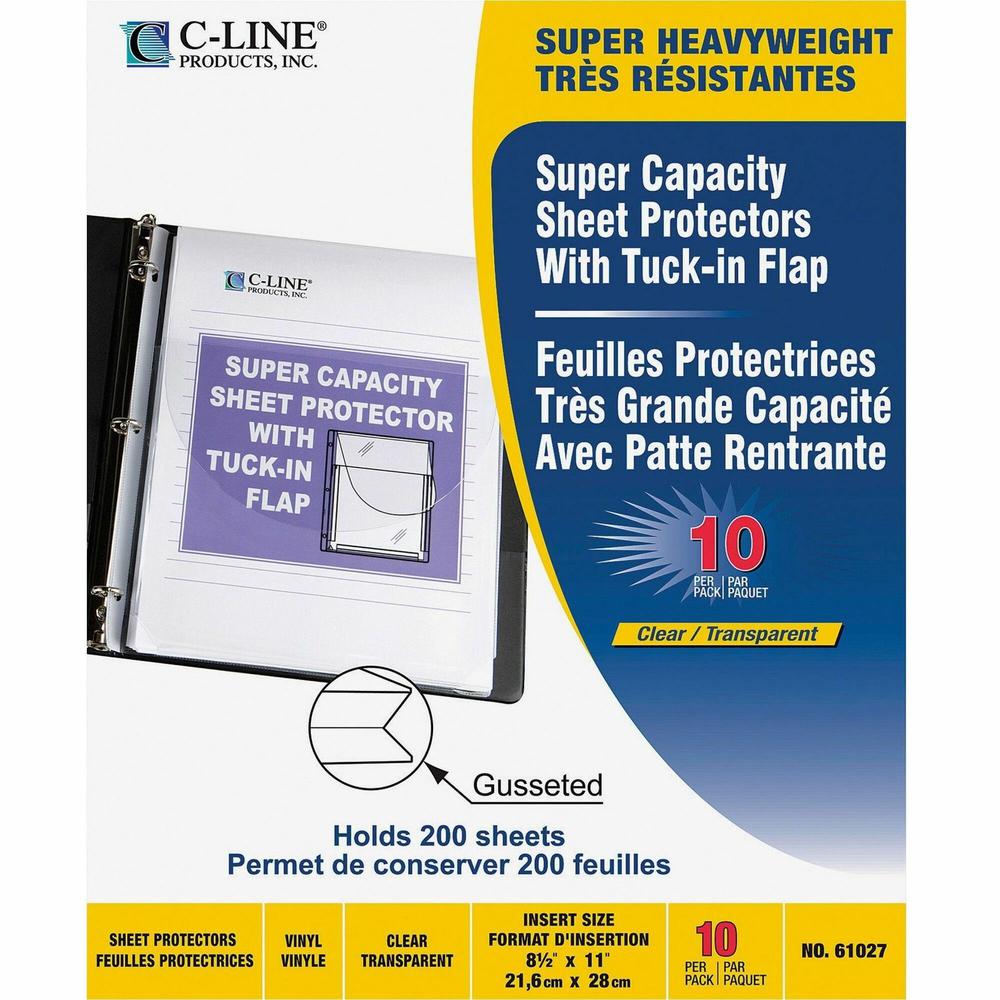 C-Line Super Capacity Super Heavyweight Vinyl Sheet Protectors with Tuck-In Flap - Clear, Top Loading, 11 x 8-1/2, 10/PK, 61027
