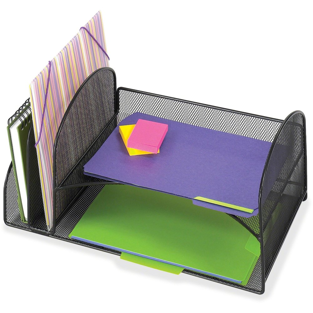 Safco Onyx 2 Upright/2 Tray Mesh Desk Organizer - 7.75'' Height x 10.75'' Width x 17'' Depth - Desktop - Black - 1 Each