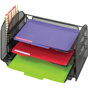 Safco Onyx 1 Upright/3 Tray Mesh Desk Organizer - 1 Pocket(s) - 8'' Height x 17.25'' Width x 9'' Depth - Desktop - Black - 1 Each